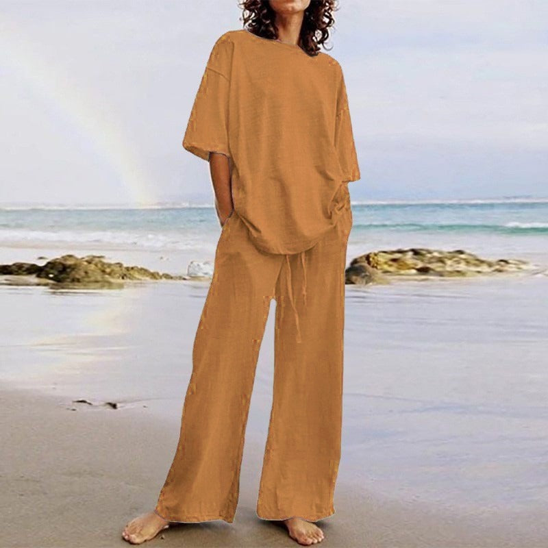 Ensemble femme deux pièces – Haut ample col rond – Pantalon large avec poches