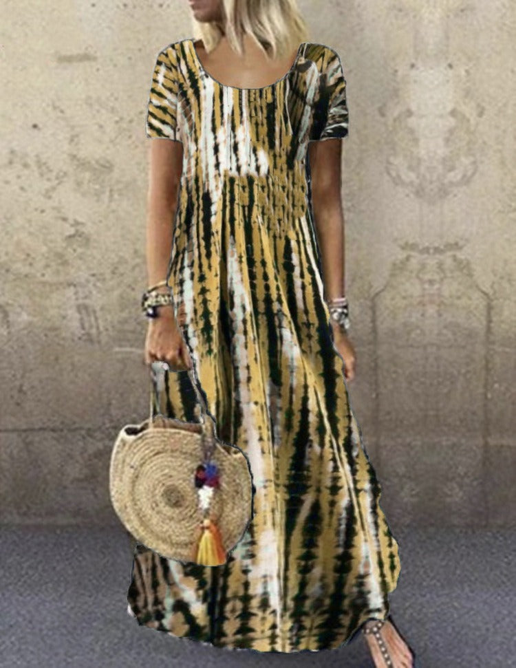Robe longue femme – Coupe ample – Imprimé tie-dye – Manches courtes