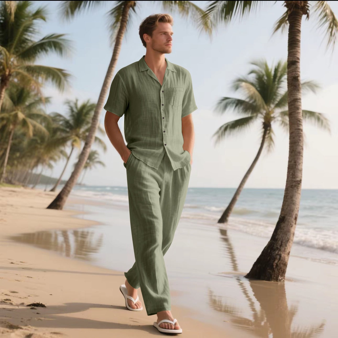 Ensemble Homme Chemise et Pantalon – Lin – Coupe Décontractée – Manches Courtes – Taille Élastique