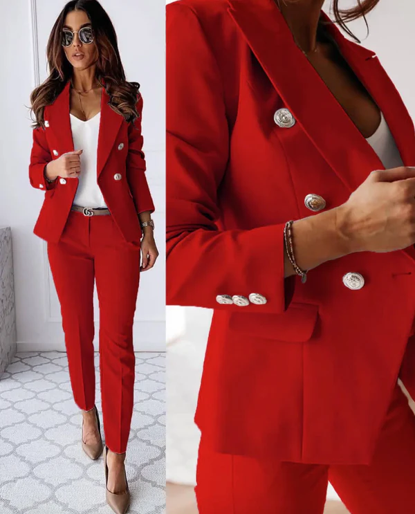 Tailleur femme – Blazer croisé cintré – Pantalon droit ajusté – Style élégant