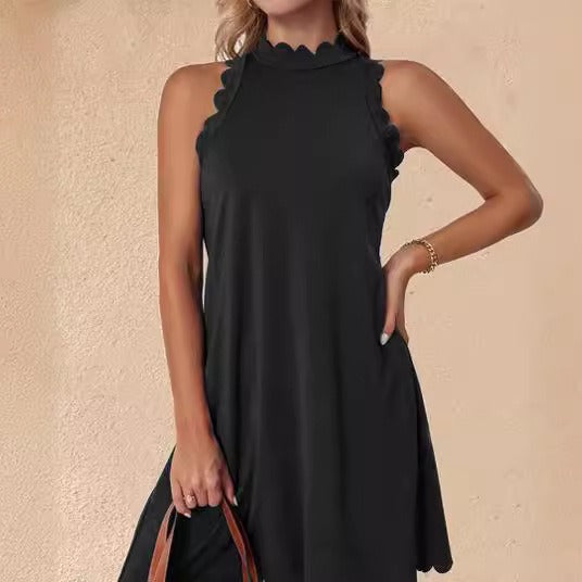 Robe femme – Coupe évasée – Coton – Encolure festonnée – Ourlet volanté