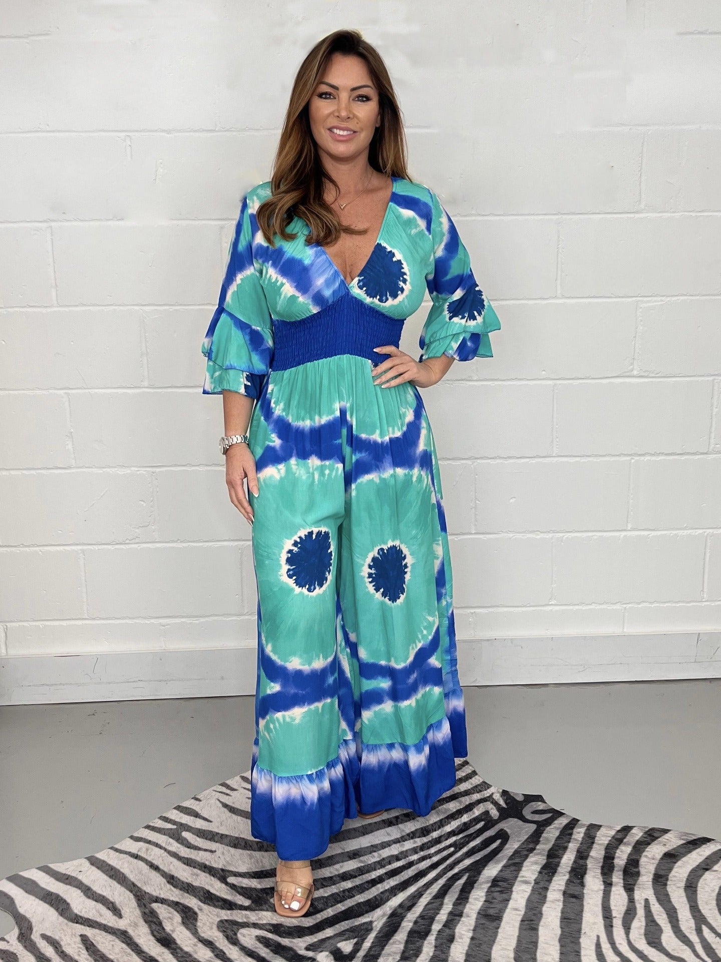 Combinaison femme – Coupe décontractée – Imprimé tie-dye – Jambes évasées – Manches cloches