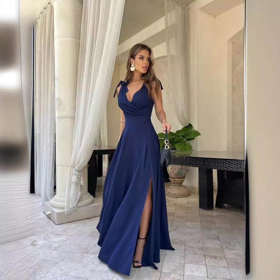 Robe de soirée femme – Coupe slim – En satin lisse – Fente haute – Bretelles fines