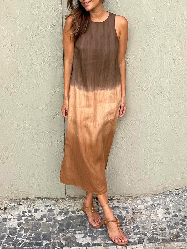 Robe midi femme – Coupe décontractée – Sans manches – Fibres naturelles – Fente côté