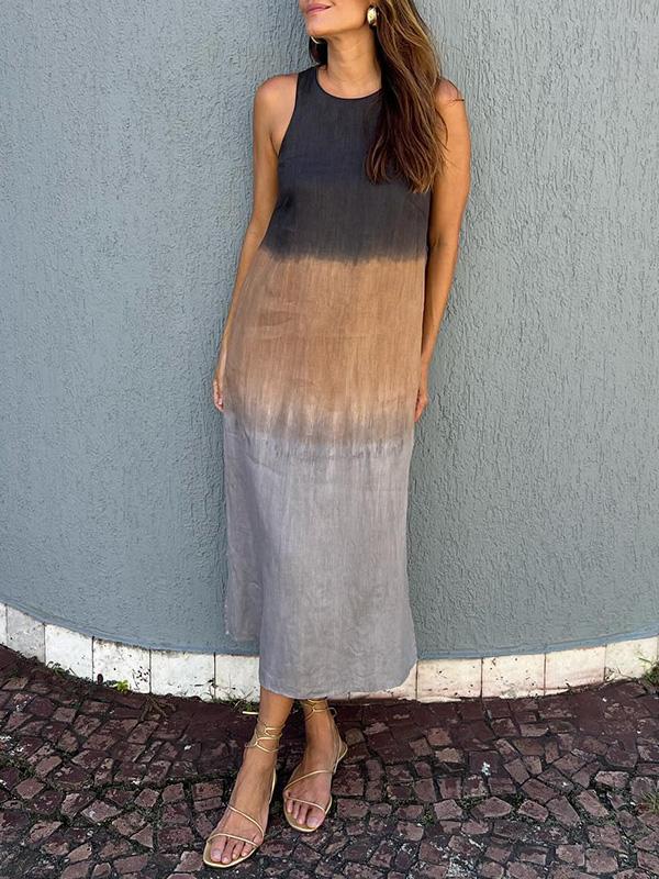 Robe midi femme – Coupe décontractée – Sans manches – Fibres naturelles – Fente côté
