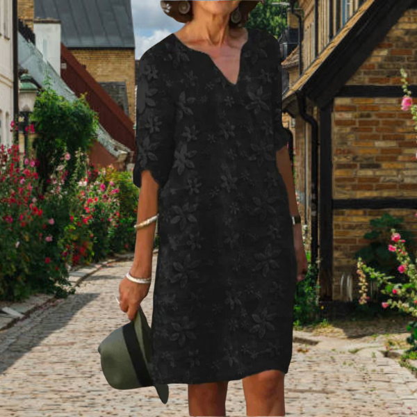 Robe femme – Coupe décontractée – Longueur genou – Col en V – Broderie florale