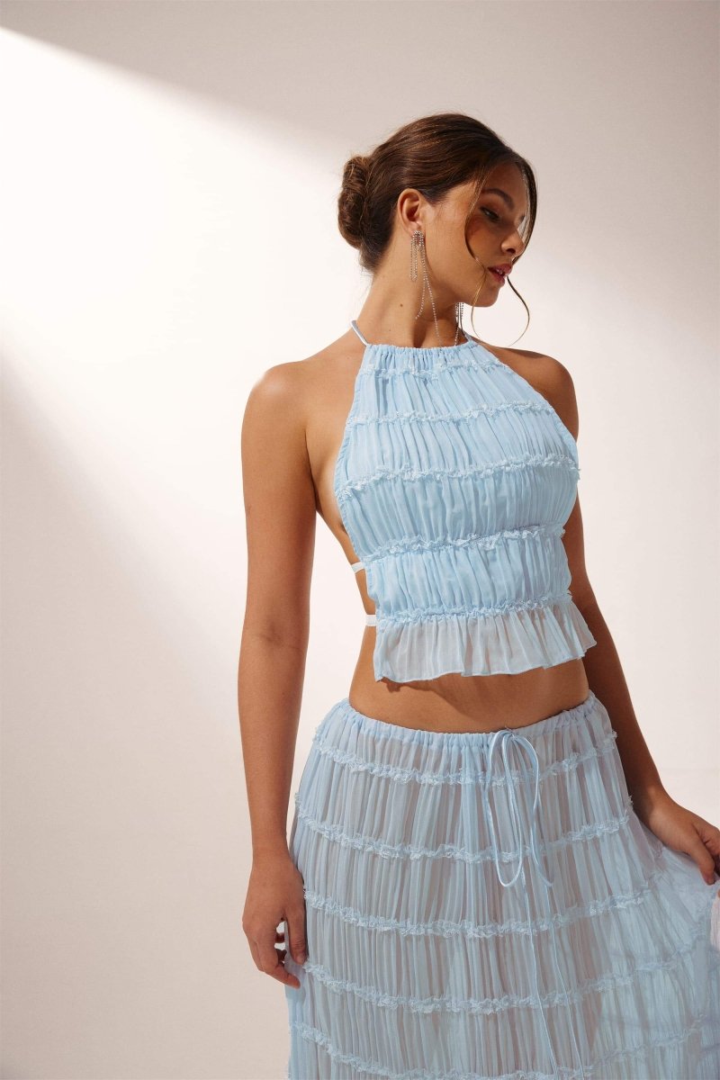 Ensemble Femme – Haut Dos Nu Plissé et Jupe Longue Évasée à Cordon – Tissu Léger