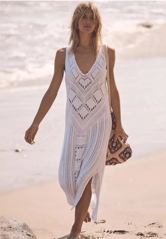 Robe femme midi – Coupe décontractée – Maille aérée – Fente côté – Col en V