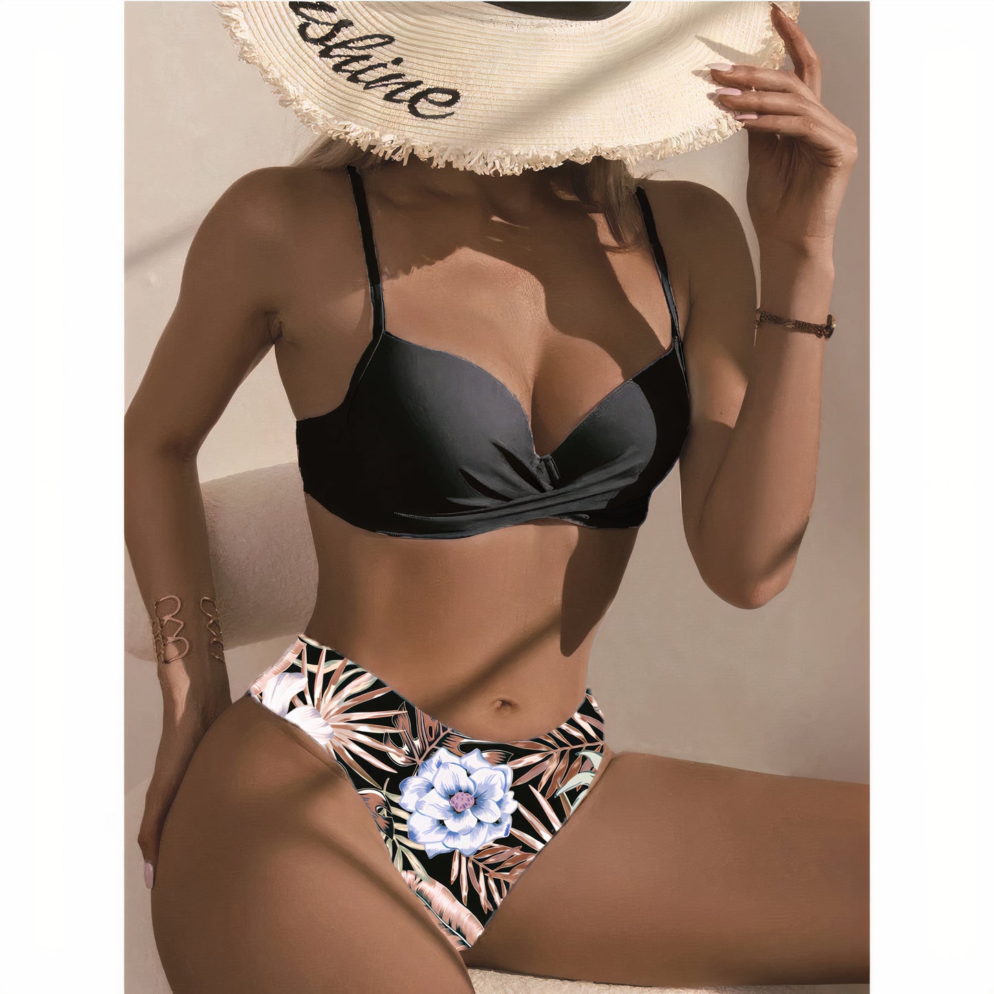 Ensemble de bikinis trois pièces pour femmes - Taille haute - Top croisé – Tissu stretch respirant
