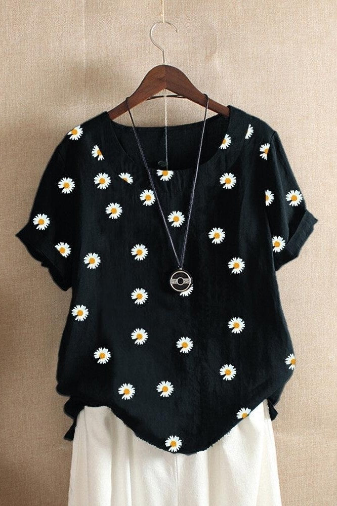 T-shirt femme – Coupe décontractée – Imprimé marguerites – Manches courtes
