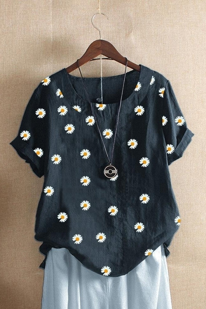 T-shirt femme – Coupe décontractée – Imprimé marguerites – Manches courtes