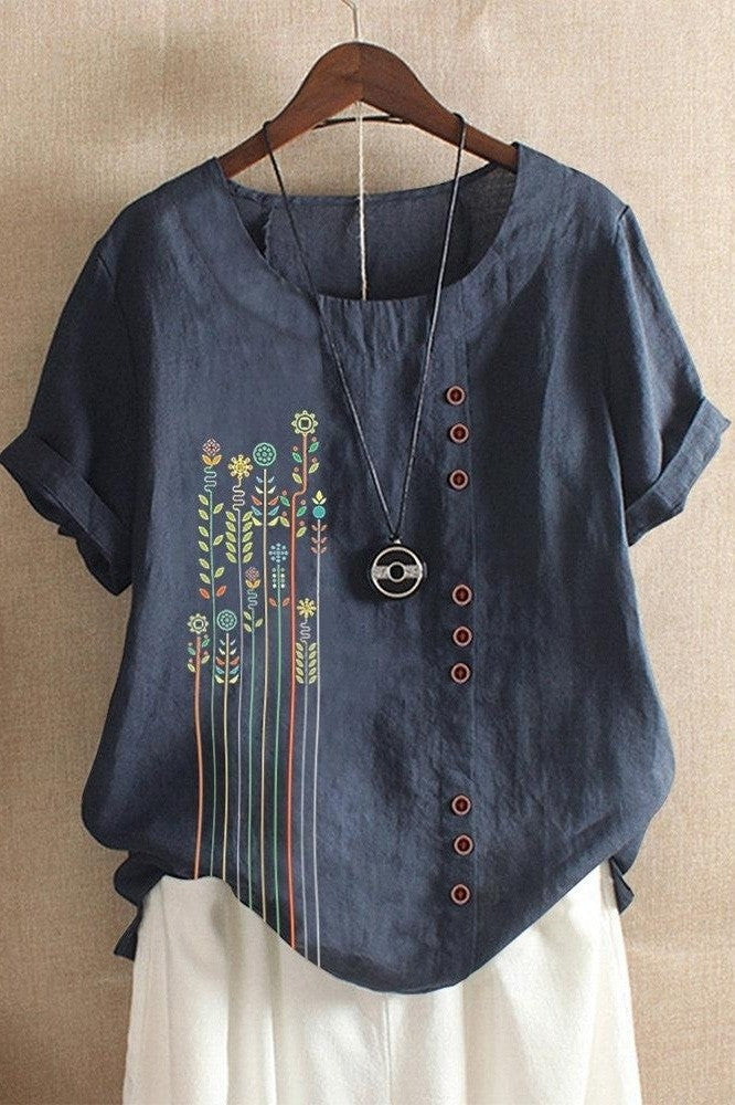 T-shirt femme – Coupe décontractée – Manches courtes – Col rond – Imprimé fleuri