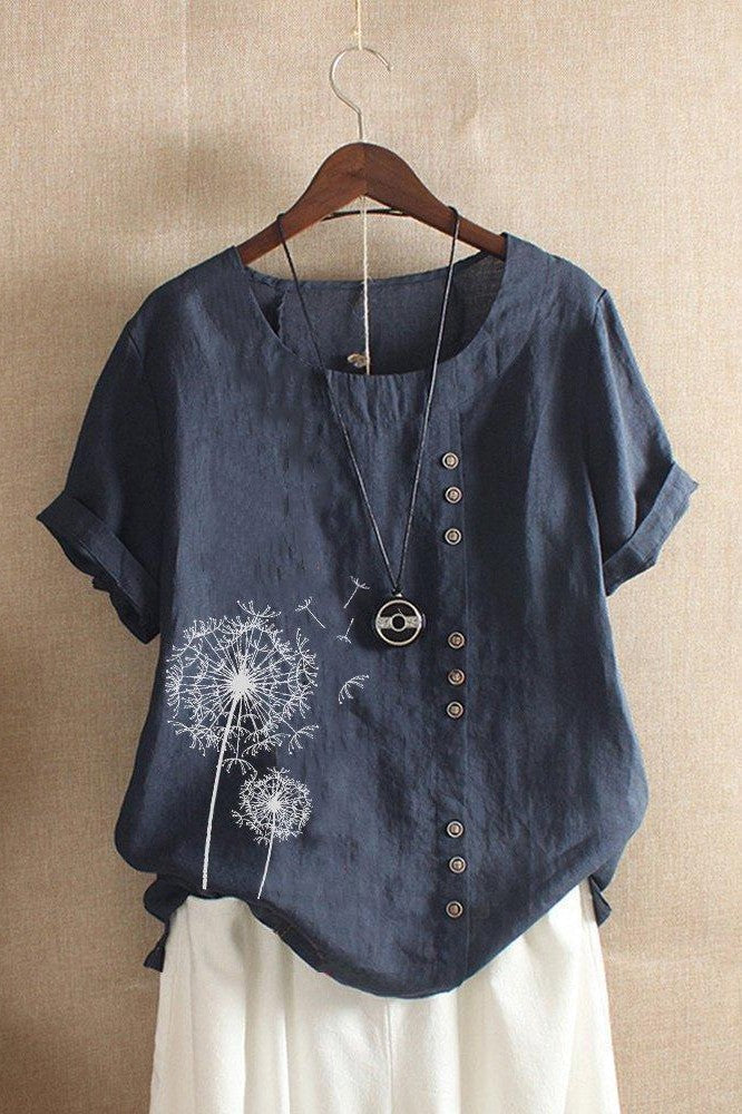 T-shirt femme – Coupe décontractée – Lin – Col rond – Manches courtes – Imprimé floral