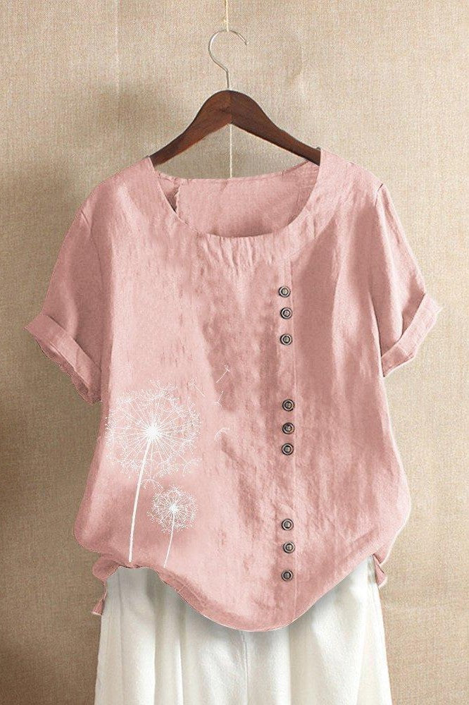 T-shirt femme – Coupe décontractée – Lin – Col rond – Manches courtes – Imprimé floral