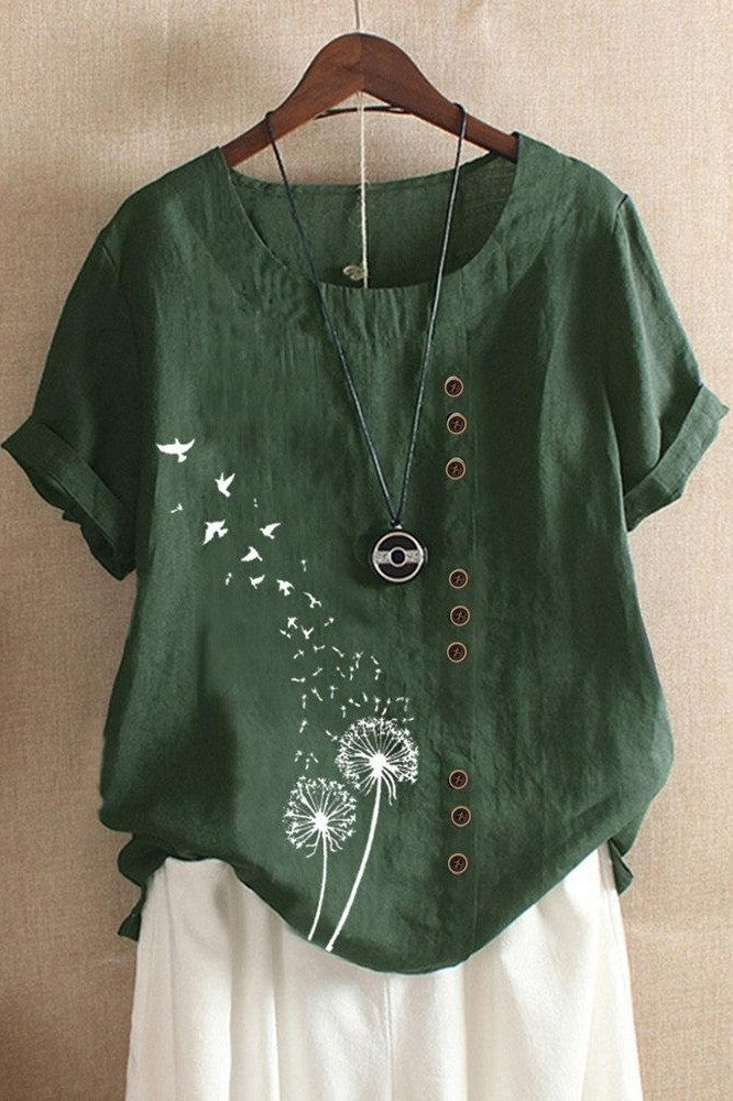 T-shirt femme – Coupe décontractée – Manches courtes – Boutons décoratifs – Motif nature