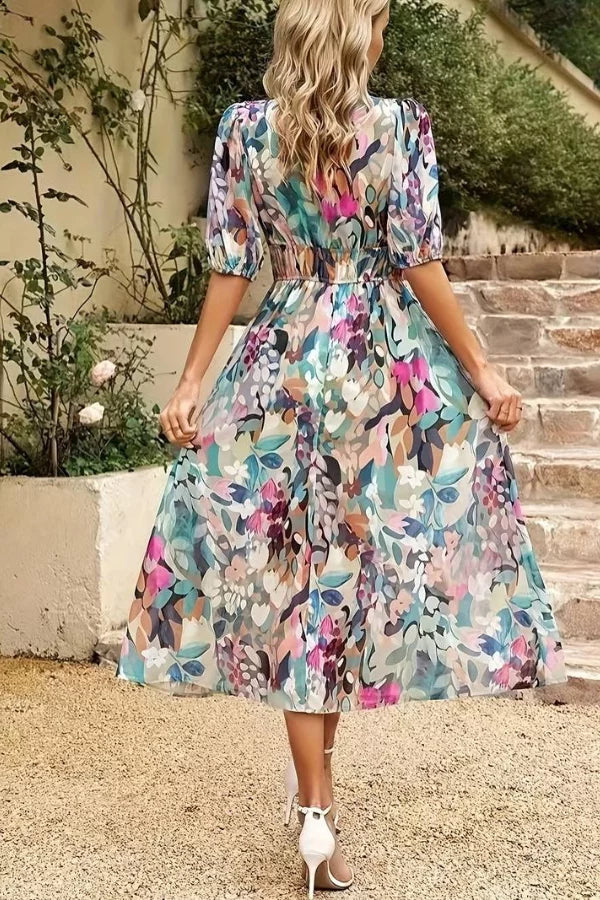 Robe midi femme – Tissu respirant – Coupe fluide – Manches bouffantes – Col en V