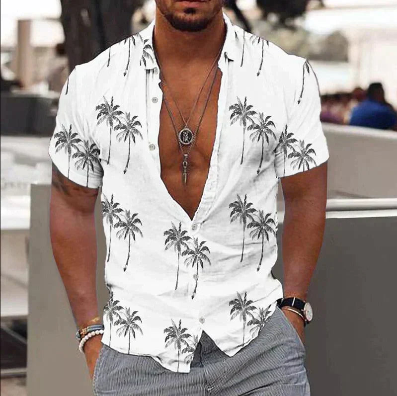 Chemise homme manches courtes – Coupe décontractée – Fibres naturelles – Imprimé tropical
