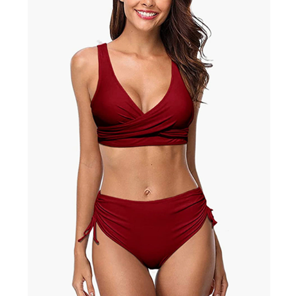 Bikini femme – Haut cache-cœur à volants – Taille haute froncée – Maintien réglable