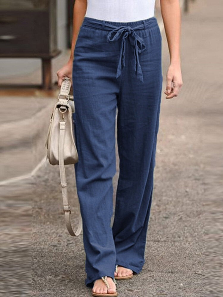 Pantalon droit femme – Coupe décontractée – Taille élastique à lien – Tissu respirant – Poches latérales