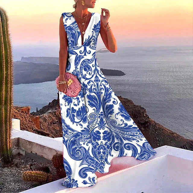 Robe longue femme – Coupe fluide – Sans manches – Décolleté plongeant – Motif floral
