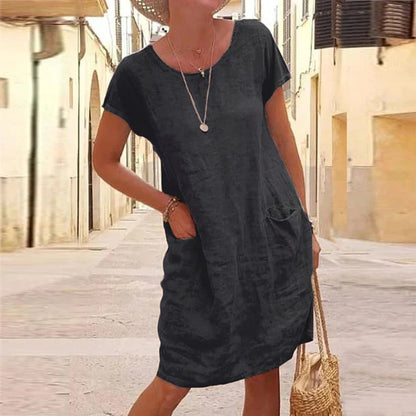 Robe décontractée femme – Fibres naturelles – Coupe droite – Manches courtes – Longueur genou
