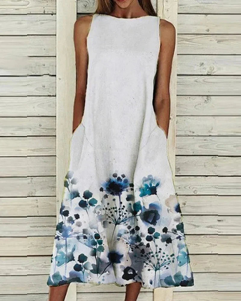 Robe midi femme – Coupe évasée – Sans manches – Col haut – Fibres naturelles respirantes
