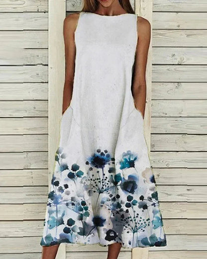 Robe midi femme – Coupe évasée – Sans manches – Col haut – Fibres naturelles respirantes