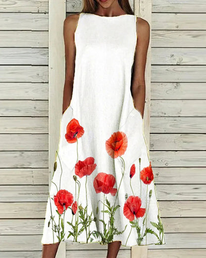 Robe midi femme – Coupe évasée – Sans manches – Col haut – Fibres naturelles respirantes