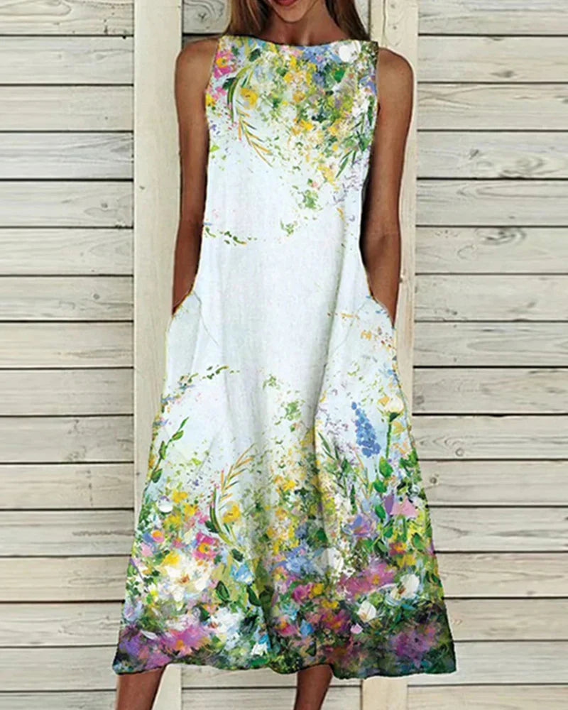 Robe midi femme – Coupe évasée – Sans manches – Col haut – Fibres naturelles respirantes