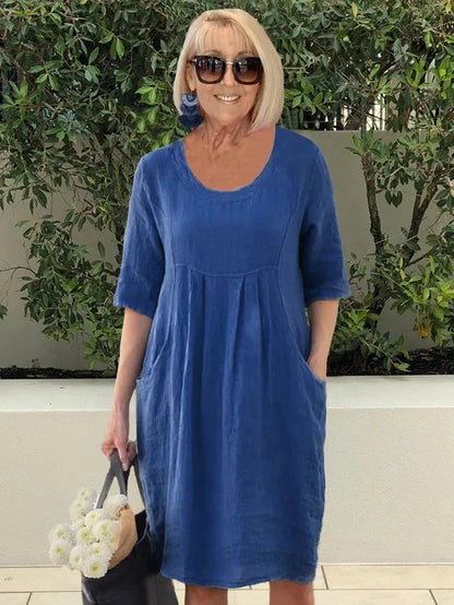 Robe midi femme – Coupe décontractée – Manches coudes – Fibres naturelles – Poches