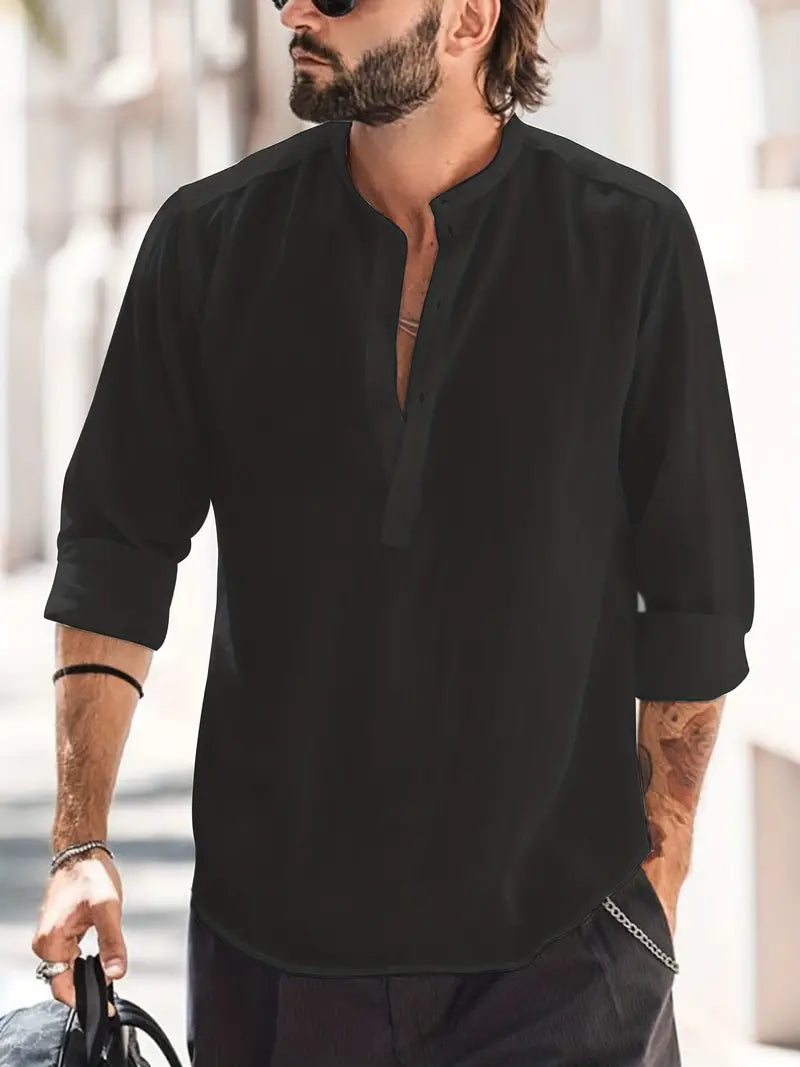 Men's long-sleeve shirt – Relaxed fit – Breathable fabric – Mao collar