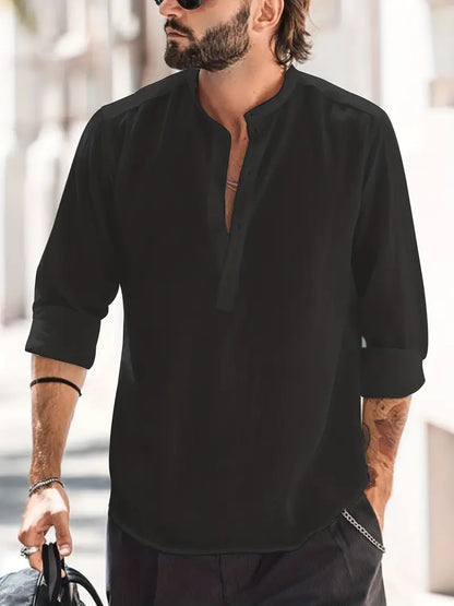 Men's long-sleeve shirt – Relaxed fit – Breathable fabric – Mao collar