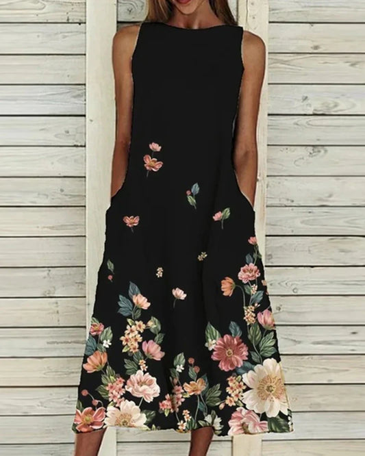 Robe midi femme – Coupe évasée – Sans manches – Col haut – Fibres naturelles respirantes