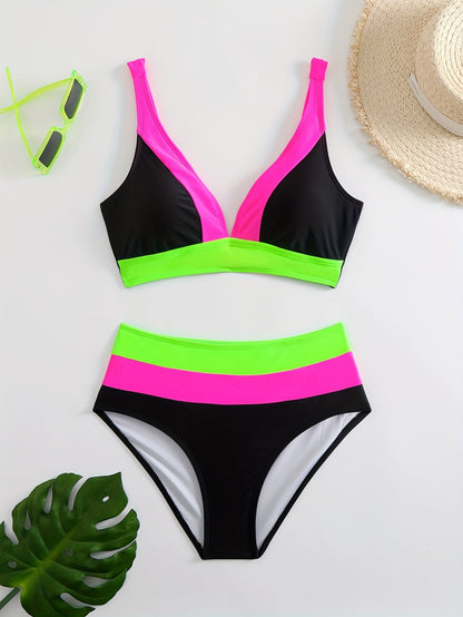 Bikini femme – Haut col V froncé – Bas taille haute – Coupe galbante