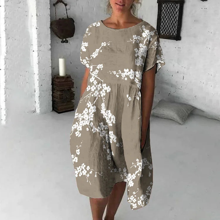 Robe midi femme – Coupe fluide – Coton – Manches courtes – Imprimé fleuri