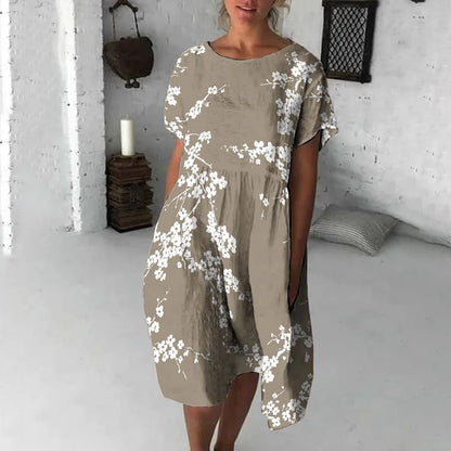 Robe midi femme – Coupe fluide – Coton – Manches courtes – Imprimé fleuri