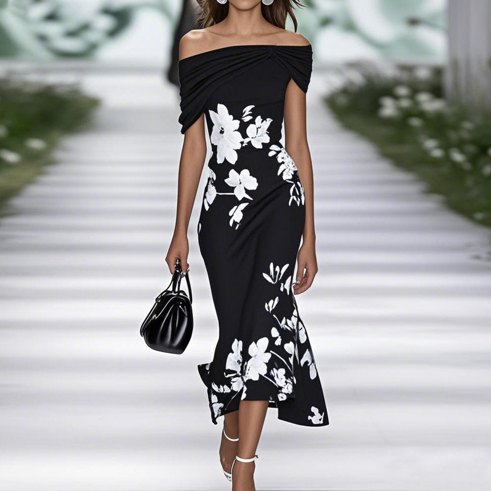 Robe midi femme – Épaules dénudées – Taille cintrée – Imprimé fleuri – Tissu respirant