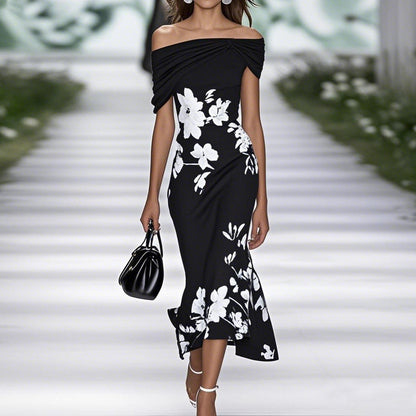 Robe midi femme – Épaules dénudées – Taille cintrée – Imprimé fleuri – Tissu respirant