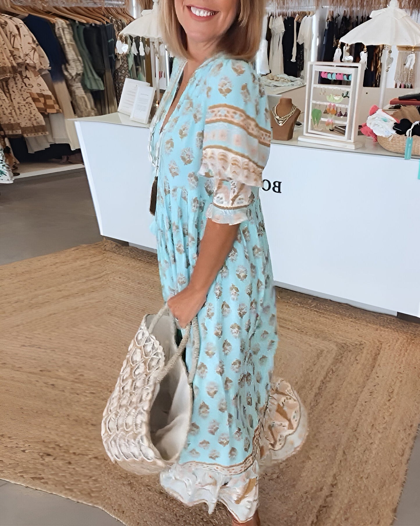 Robe longue femme – Fibres naturelles – Coupe fluide – Motif fleuri bohème – Col V