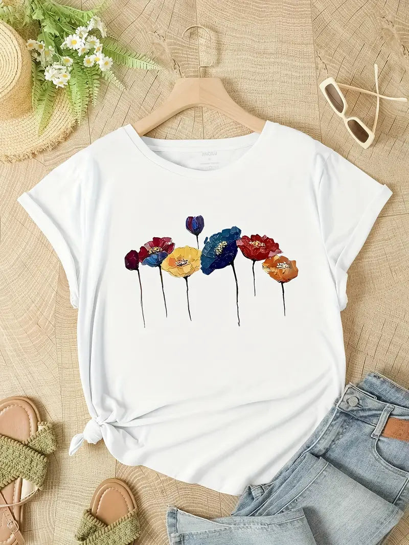 T-shirt femme – Coupe décontractée – Tissu respirant – Imprimé floral – Manches courtes