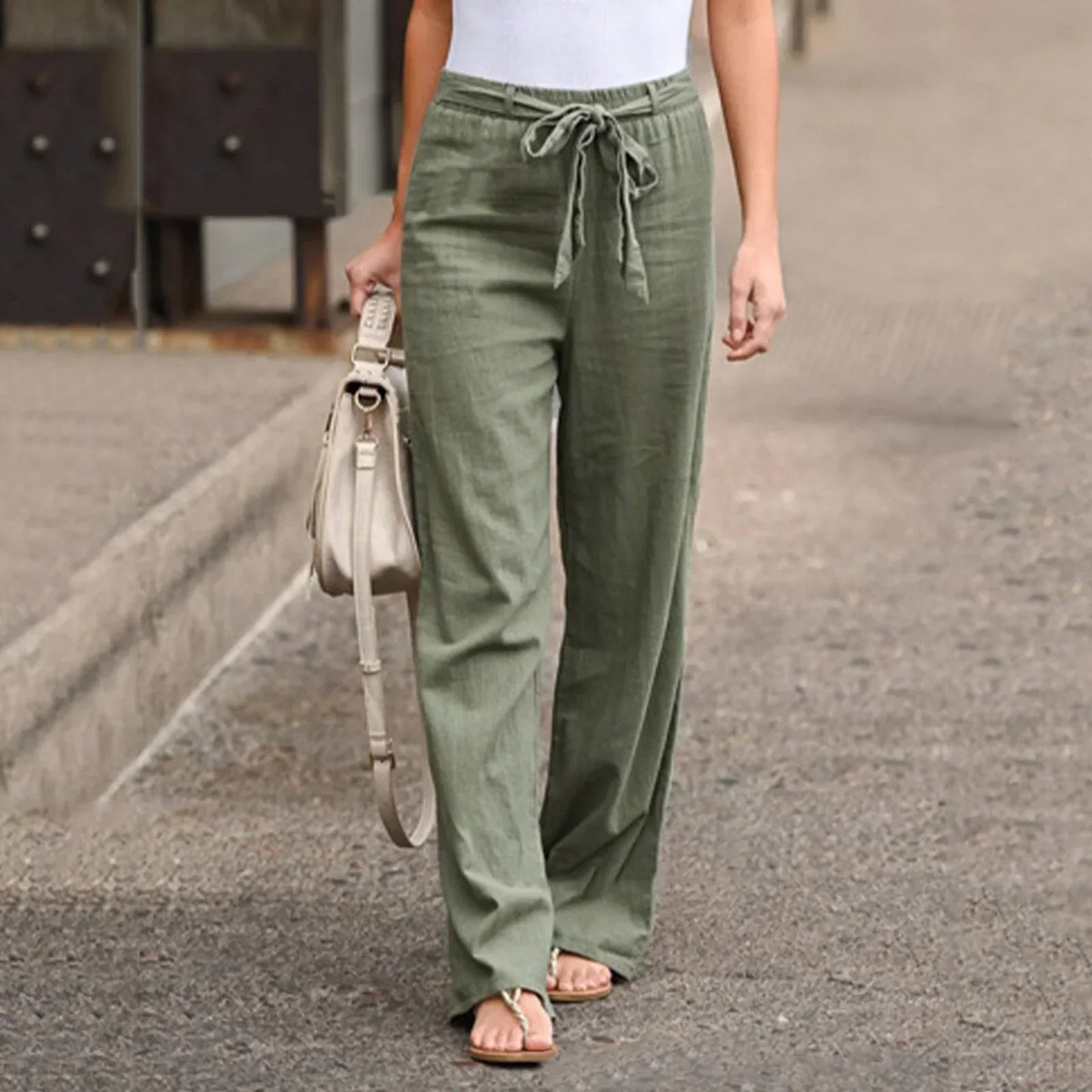 Pantalon femme large – Taille haute – Tissu respirant – Ceinture nouée – Longueur totale
