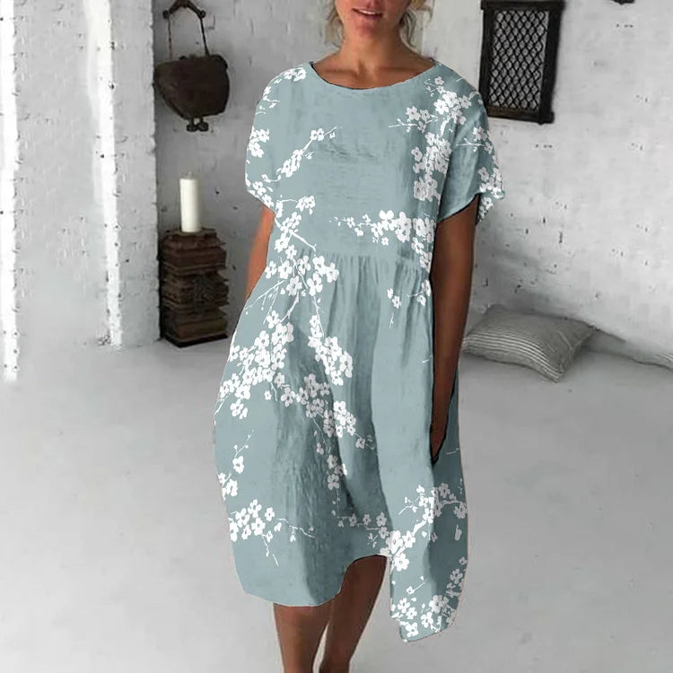 Robe midi femme – Coupe fluide – Coton – Manches courtes – Imprimé fleuri