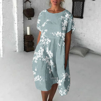 Robe midi femme – Coupe fluide – Coton – Manches courtes – Imprimé fleuri