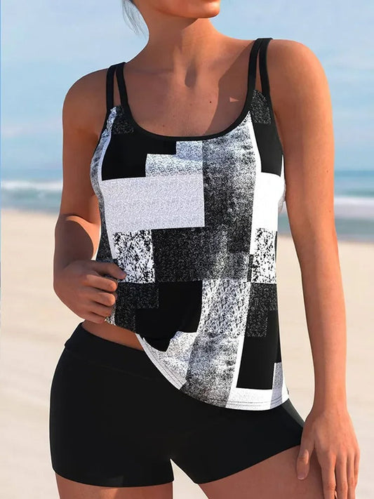 Tankini femme – Coupe décontractée – Bretelles doubles – Imprimé géométrique – Tissu respirant