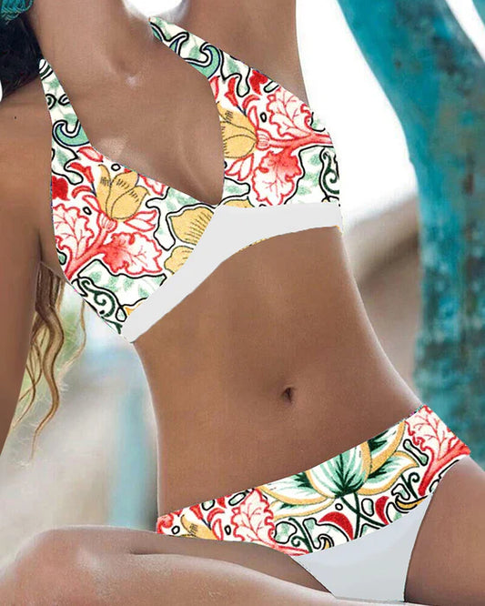 Bikini Femme – Bretelles Nuque – Décolleté V – Motif Floral Élégant – Tissu Stretch
