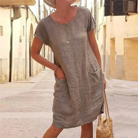 Robe décontractée femme – Fibres naturelles – Coupe droite – Manches courtes – Longueur genou