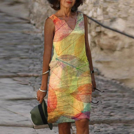 Robe femme mi-longue – Coupe droite – Tissu respirant – Sans manches col V – Imprimé feuilles