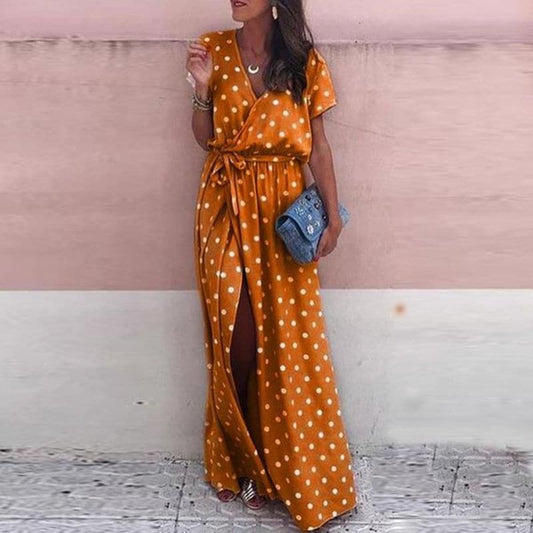 Robe longue femme – Coupe fluide – Style portefeuille – Pois – Ceinture à nouer – Fente élégante – Col en V