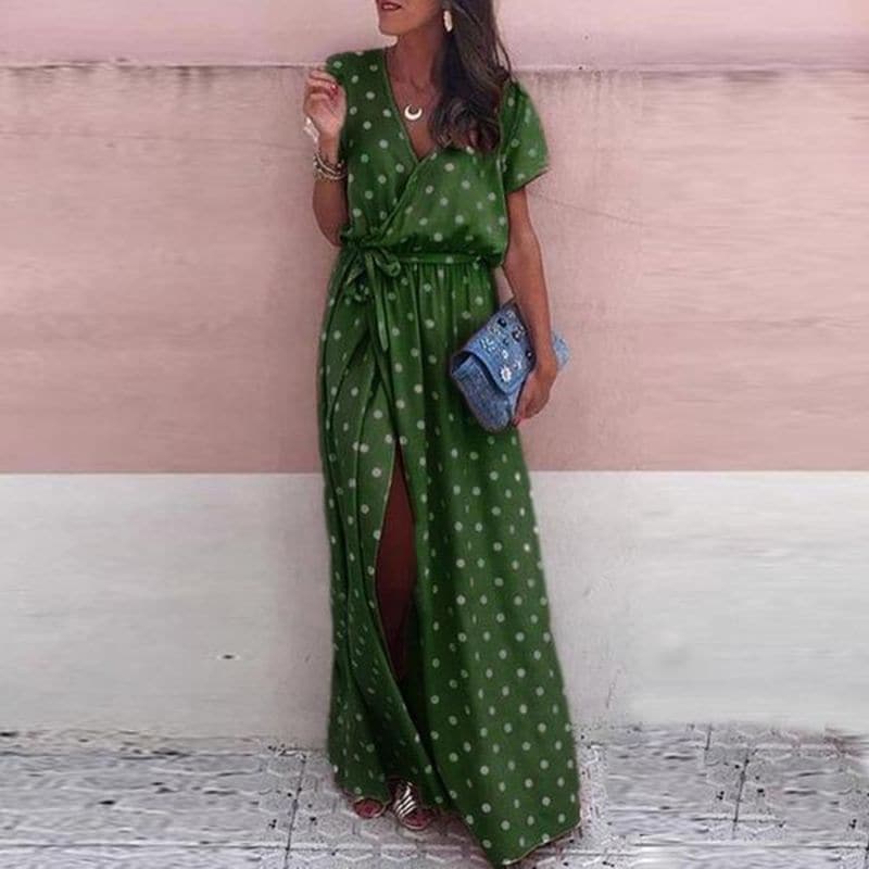 Robe longue femme – Coupe fluide – Style portefeuille – Pois – Ceinture à nouer – Fente élégante – Col en V