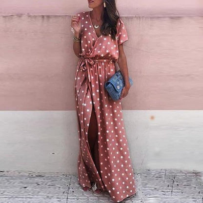 Robe longue femme – Coupe fluide – Style portefeuille – Pois – Ceinture à nouer – Fente élégante – Col en V